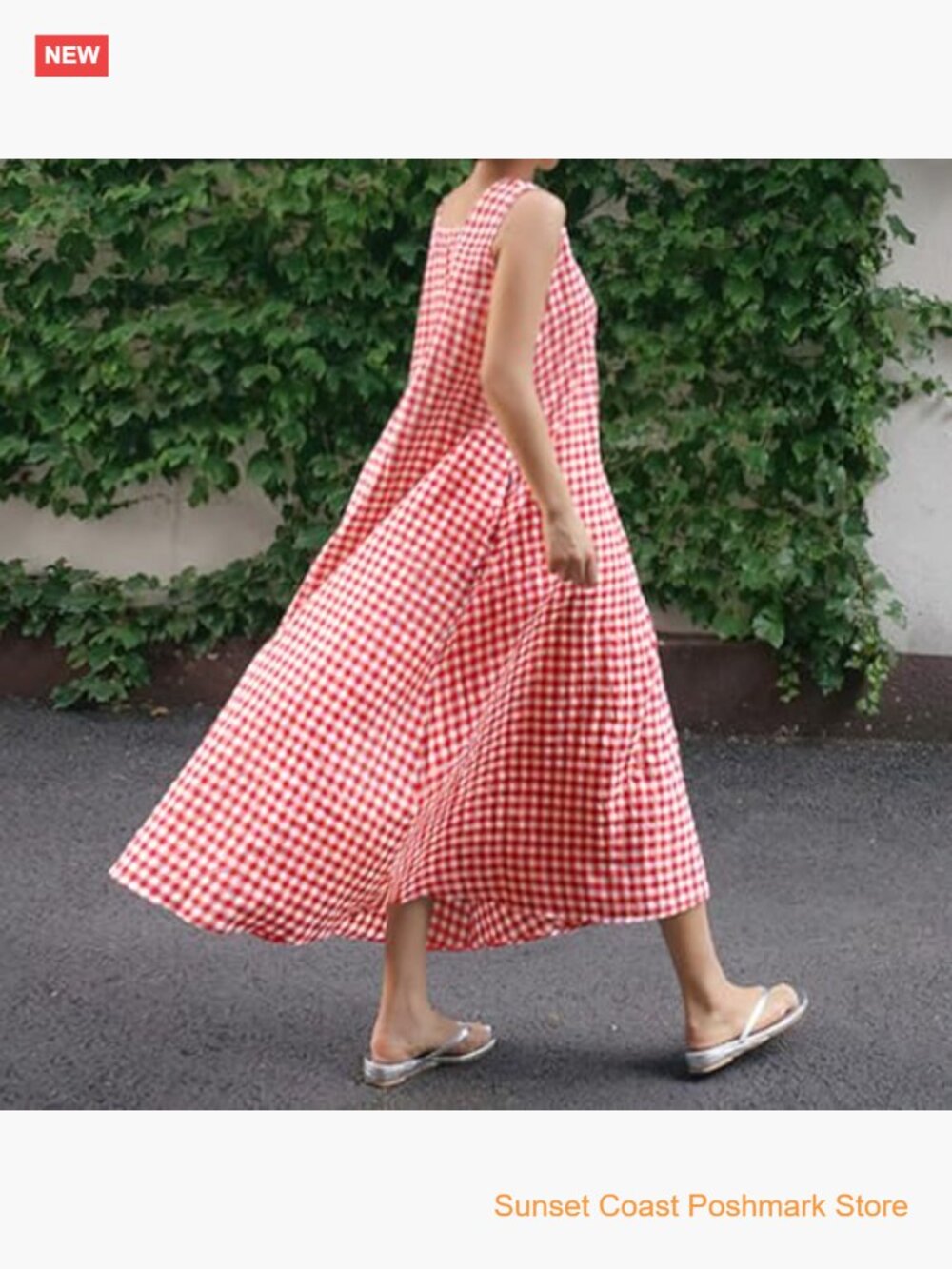 Women's Casual Loose-Fit Cotton Plaid Tank Maxi Dress with Pockets Boho Beach - Picture 2 of 8